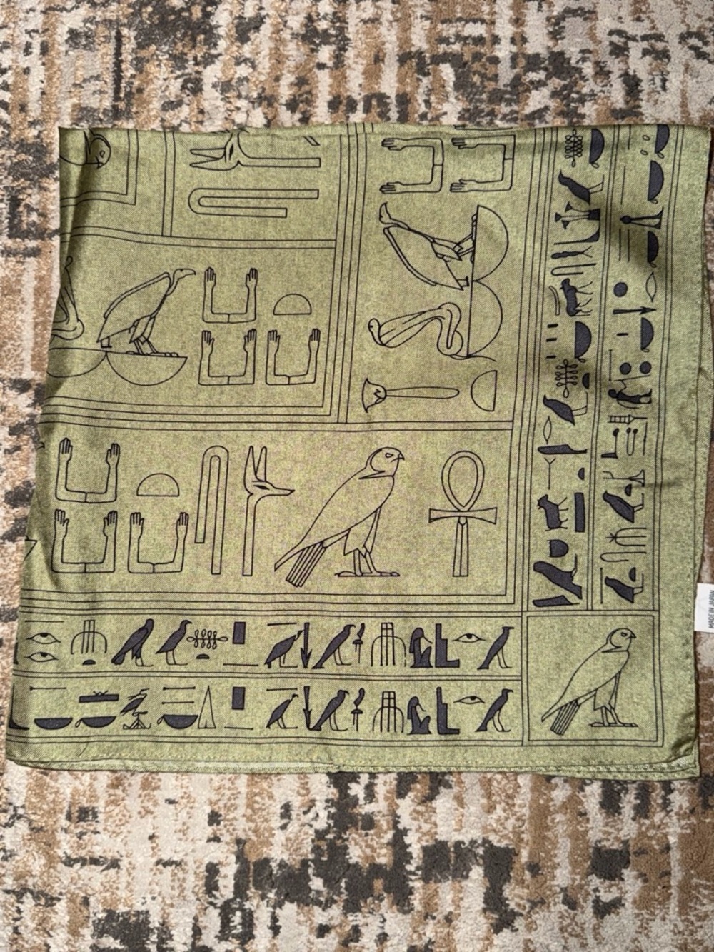 Egyptian Hieroglyph Print Lightweight Scarf in Olive Green